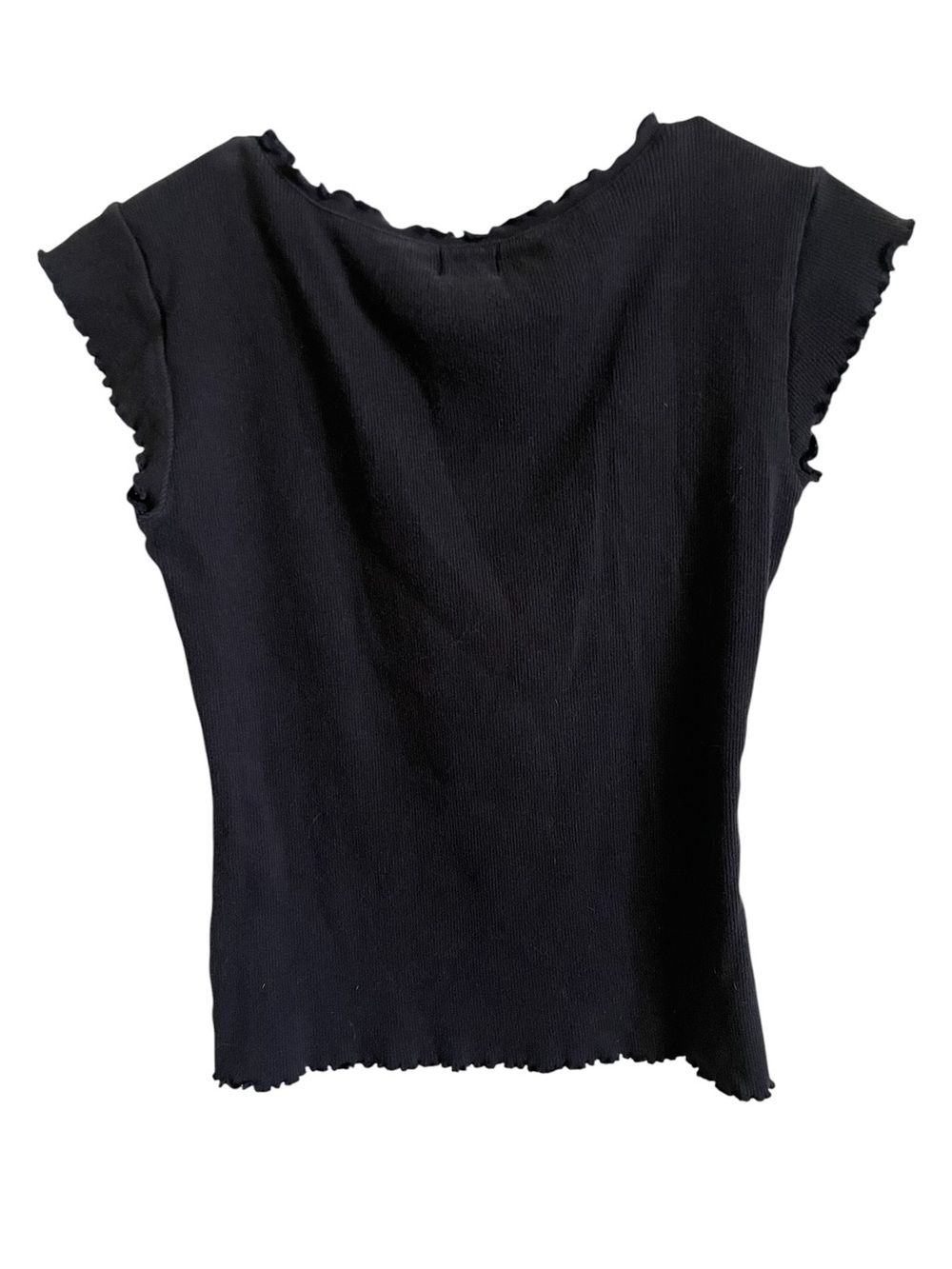 Calvin Klein Jeans Black Ribbed V-Neck Cap Sleeve Top with Lettuce Trim - Picture 4 of 9